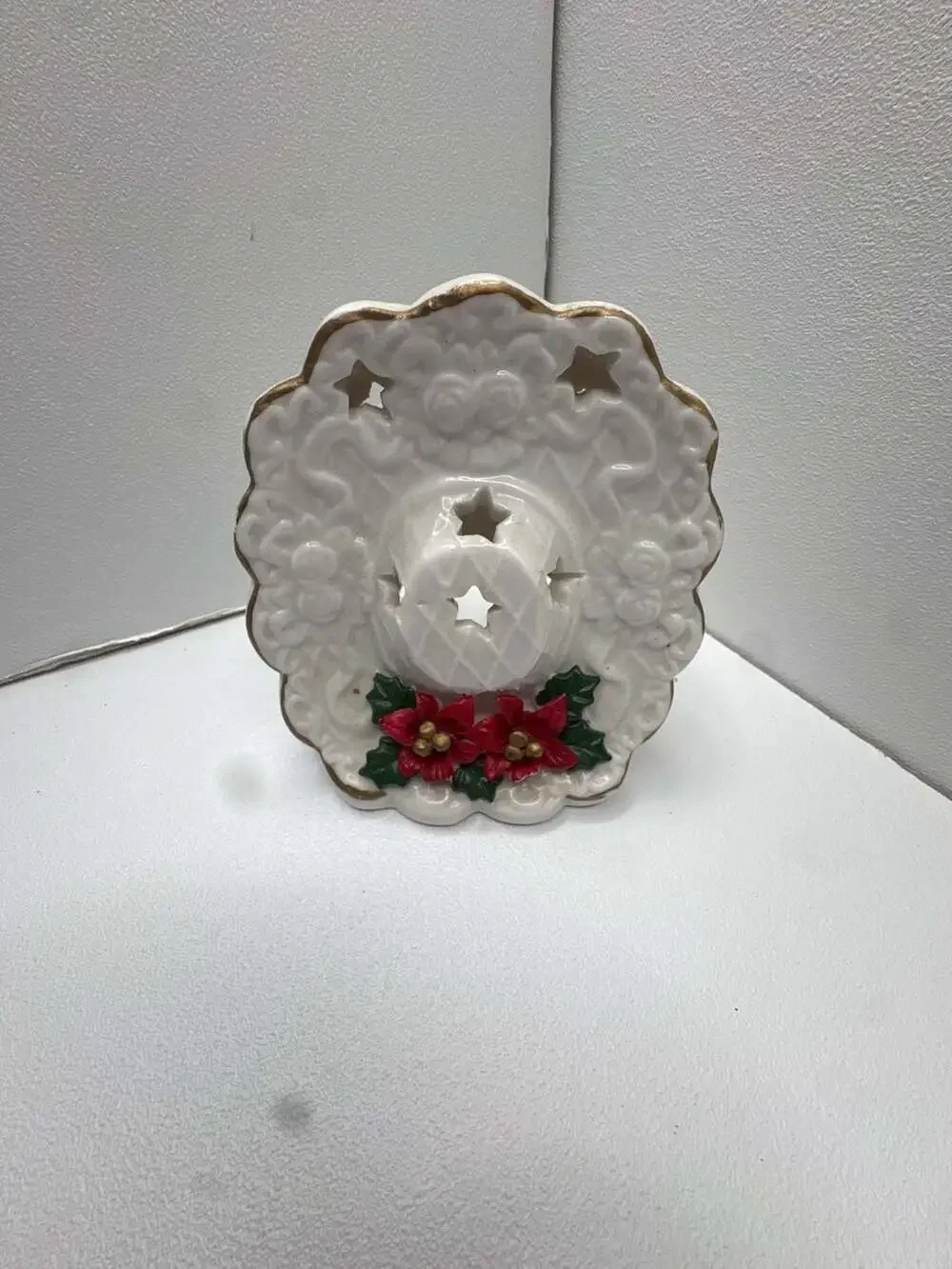 Vintage Ceramic Poinsettia Star Cut-Out Tea Light Candle Holder